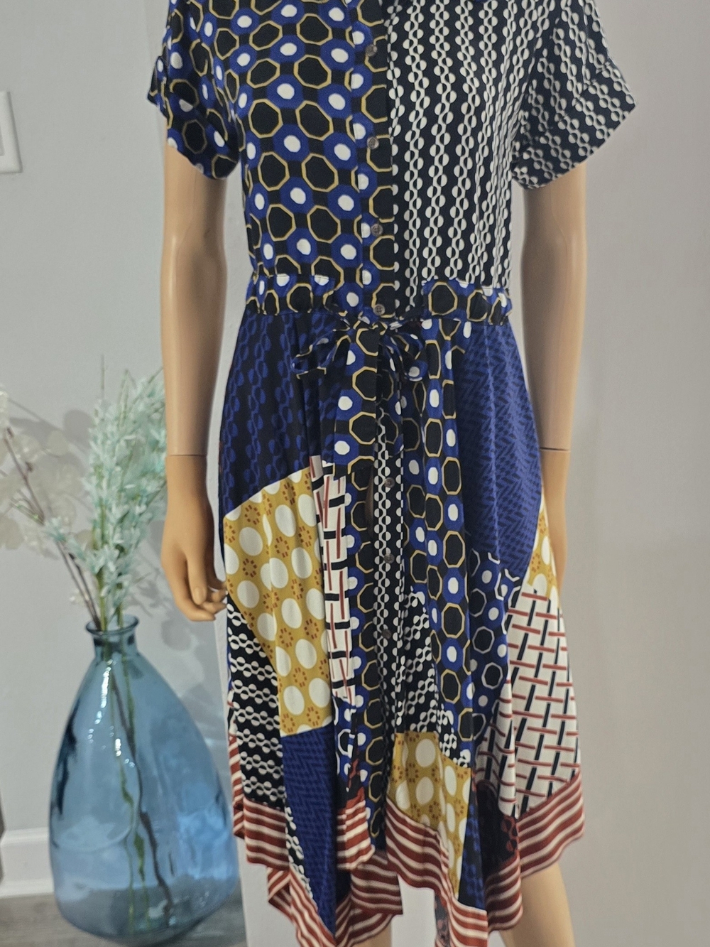 Maeve Navy, Gold and White Patchwork Tie-Waist Casual Dress